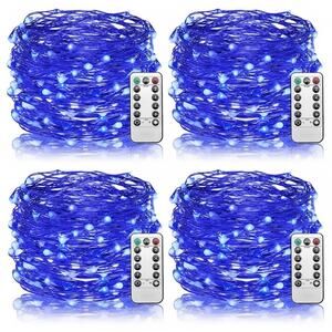 4 Pack 100 LED Fairy Lights Battery Operated with Remote Waterproof BLUE LIGHTS